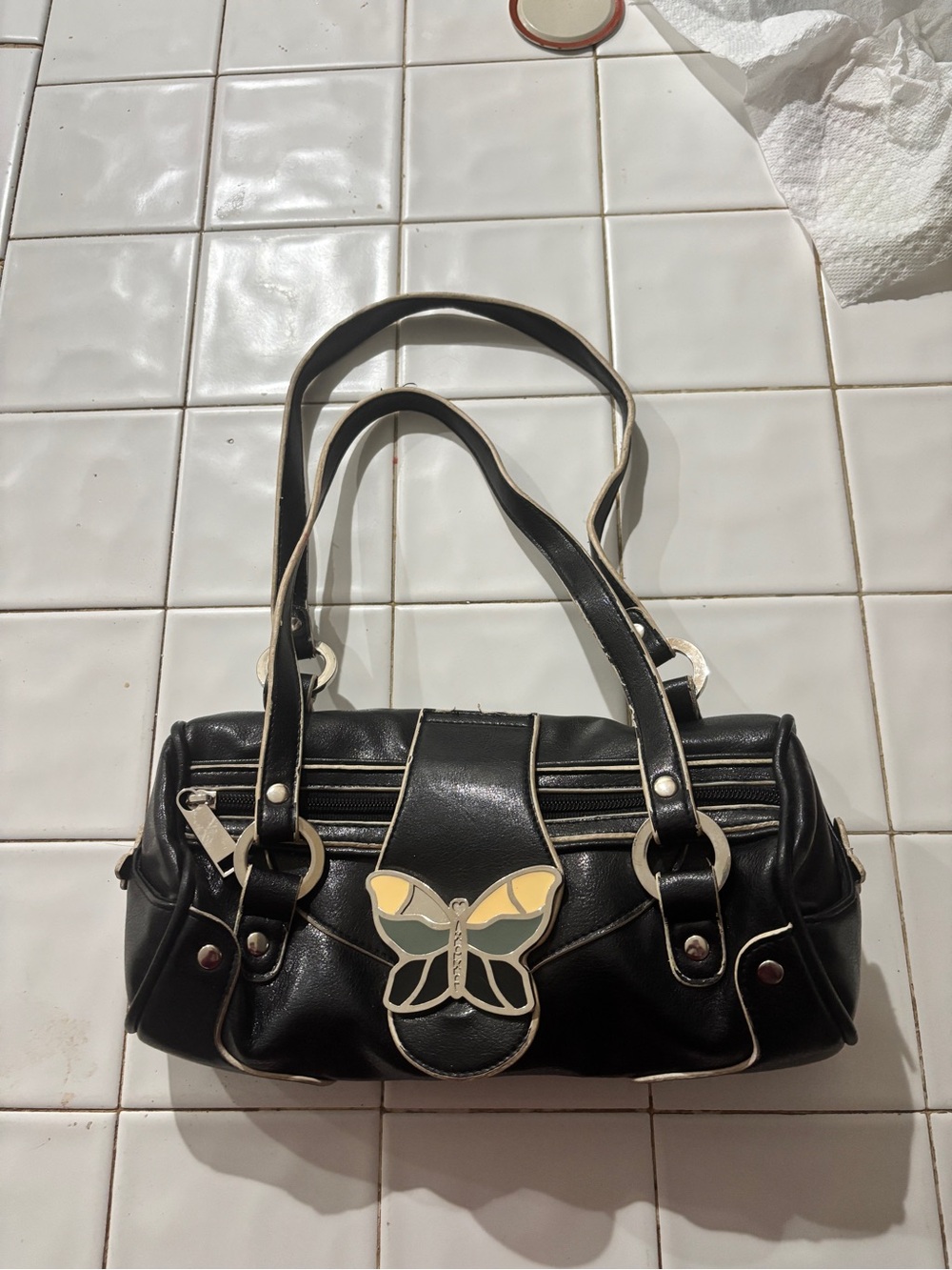 XOXO Black Shoulder Bag with Yellow & Green Butterfly Emblem - Picture 2 of 5